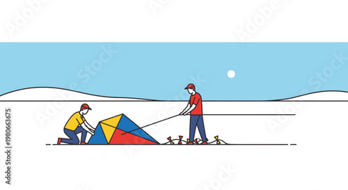 Man and woman setting up tent.