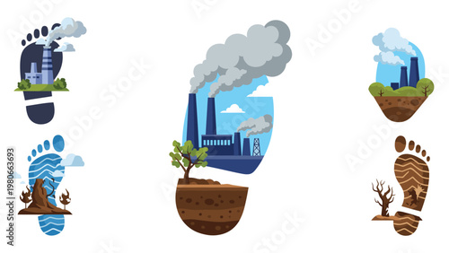 Environmental impact footprints showing carbon emissions, industrial pollution, forest fires, and drought effects on nature.