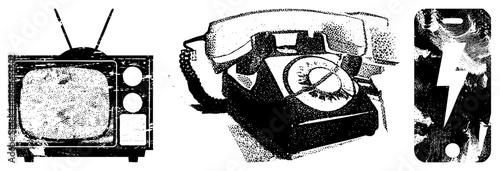 Retro with static screen, analog rotary telephone, modern smartphone displaying lightning symbol, nostalgic tech evolution.