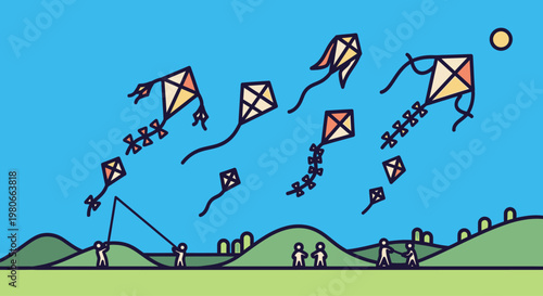 People flying colorful kites outdoors.