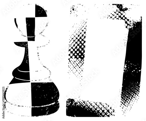 Black and white chess pieces, bishop and rook, halftone texture, vector graphic, game strategy symbols, isolated game pieces.