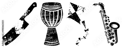 Black and white graphic of cleaver, djembe drum, kite, and saxophone, stylized with distressed texture, isolated vector elements for design use.