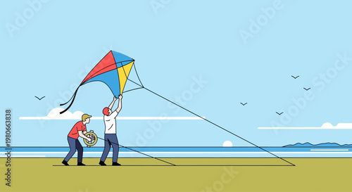 Man and child flying a kite.
