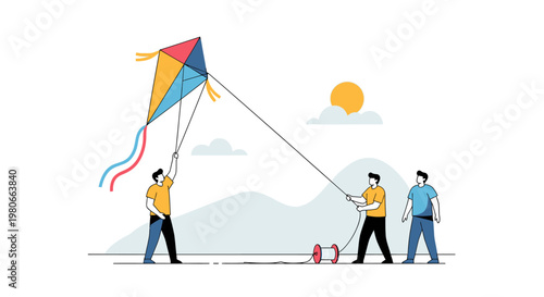 Men flying colorful kite outdoors together.