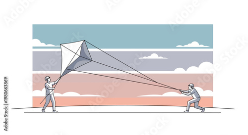 Two people holding a large kite.