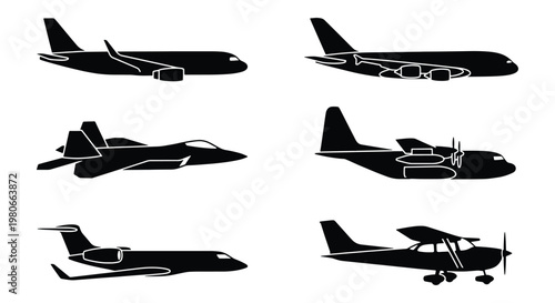 Black airplane silhouettes set, 6 aircraft vector icons including passenger jet and fighter plane, aviation transport collection for travel design