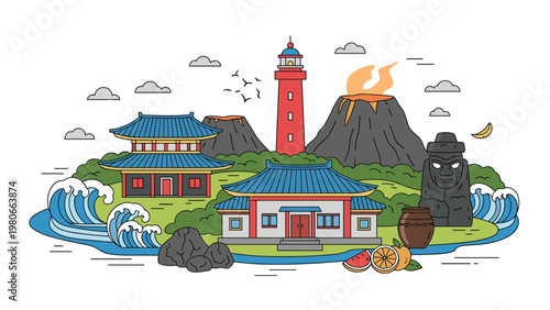 Scenic illustration of Jeju Island features traditional houses, a stone statue, and majestic volcanic mountains.
