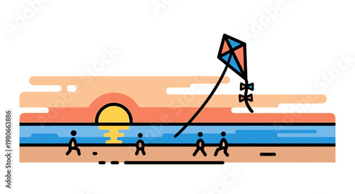 People running on the beach flying kite.