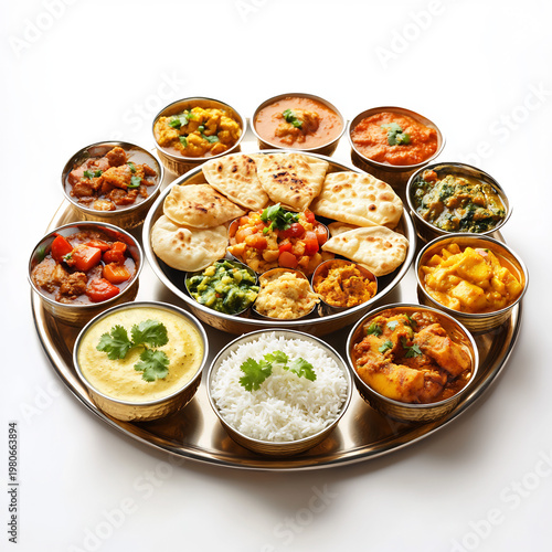 Delicious and colorful Indian thali meal with various curries and breads, a feast for the senses.
