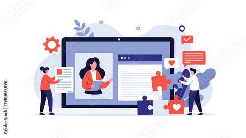 Marketing team building a brand identity and social media presence with digital profiles and puzzle elements.