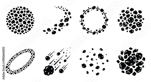 Hand drawn asteroid and meteor icons, set of 8 black ink space rock illustrations, celestial comet and asteroid belt vector elements for science design