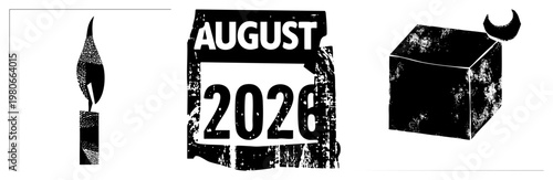 Grungy August 2026 calendar with candle flame and cube, design, symbolic, vector art, isolated elements.