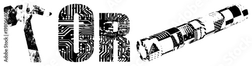 Digital vector typography featuring "TOR" in circuit board, tech aesthetic, isolated graphic, black and white, stylized tech logo.
