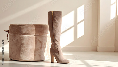 Thigh high boot in taupe suede draped on a velvet ottoman in a sunlit dressing room with gold zipper detail generative AI