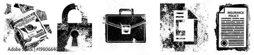 Vintage distressed financial cash, padlock, briefcase, file, policy. halftone. Business, finance, security, corporate, insurance, wealth, legal, assets.