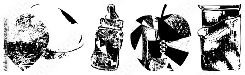 Fragmented forms with halftone grain, stylized geometric abstraction, vector art pieces, black and white compositions, graphic design elements.