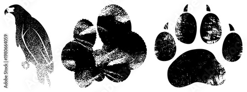 Black halftone vector eagle silhouette, egg cluster, animal paw print. Isolated graphic elements with textured dot. Perfect for wildlife or pet branding.