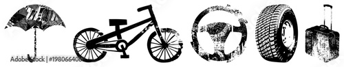 Umbrella, bicycle, steering wheel, tire, suitcase all rendered as textured vector, urban travel and transport symbols, gritty design.