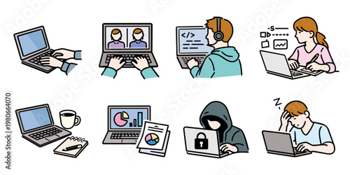 ノートPC作業のシーンセット 線画イラスト・カラー・ベクター / Laptop Work Scene Line Icons Set, Remote Work, Coding, Online Meeting, color, vector