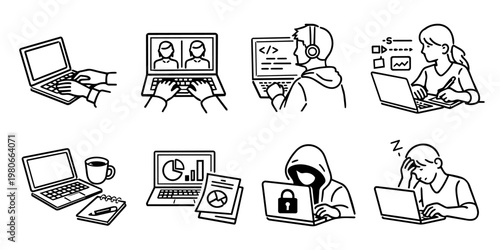 ノートPC作業のシーンセット 線画イラスト・ベクター / Laptop Work Scene Line Icons Set, Remote Work, Coding, Online Meeting, vector