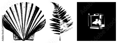 Stylized halftone, fern, and fish tank with fish, vector illustrations,, textured, graphic design elements, nature motifs.