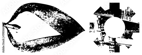 Artistic vector design featuring textured organic leaf and mechanical gear, halftone style, stylized illustration, isolated foreground elements.