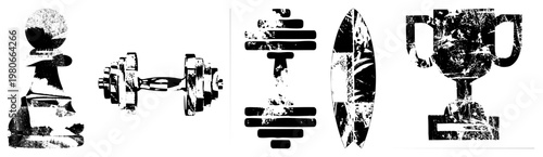 Vector with distressed texture chess pawn, dumbbell, weight bar, surfboard, trophy cup isolated, cutout, rgba