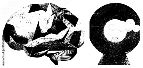 Graphic representation of human brain and fortune telling crystal ball, stylized with halftone dots and geometric forms, vector art.