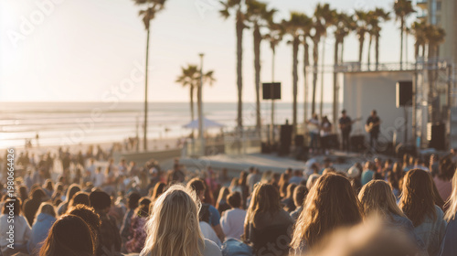 Reggae Simfest, Large crowd attending reggae music festival at beach with palm trees and sunset lighting creating vibrant summer concert atmosphere and tropical celebration vibe