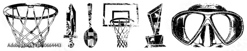 Sports and diving gear, including hoop, trophy, and mask, rendered in gritty vector style with textured strokes, ideal for fitness or adventure branding.