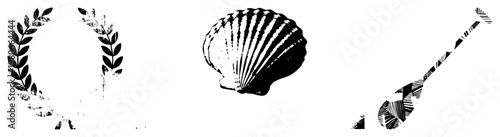 Classic laurel wreath symbolizing victory, scallop marine motif, mandolin stringed instrument, black and white vector design, isolated graphics for branding or print.