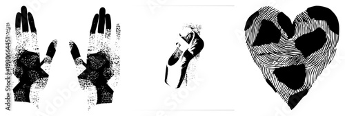 Black and white halftone illustrated hands, ballet slipper, and heart made from fingerprint. Graphic design elements for creative projects. Vector art with isolated foreground, no background.