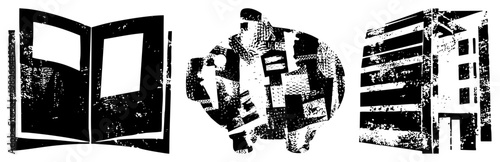 Three stylized abstract shapes rendered in halftone, vector art, black and white, graphic design elements, geometric forms.