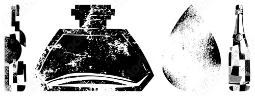 Artistic vector illustration of perfume bottles, abstract droplet, halftone texture, isolated fragrance, scent design elements, minimalist scent symbols.