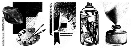 Artist’s beret, paint palette with brushes, spray paint can, inkwell with smoke, halftone vector art tools, creative studio gear, graphic design elements.