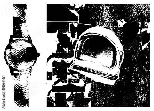 Graphic design of a wristwatch and astronaut helmet using bold halftone, vector silhouette, aesthetic, isolated tech gear, retro futuristic style.