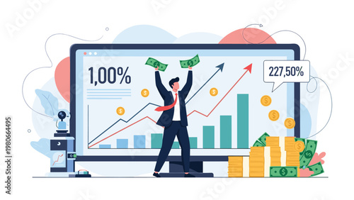 Excited businessman celebrates financial success and high return on investment in front of a monitor displaying a massive growth chart.