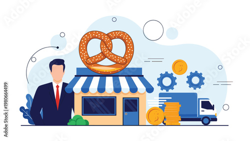 Successful pretzel bakery business management showing store front, logistics truck, and efficient operational production mechanisms.