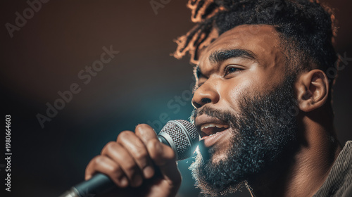 Reggae Simfest, Male reggae singer singing into microphone with emotional expression and detailed close up capturing powerful live performance during music festival concert
