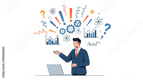 Confused businessman facing complex decisions and professional problems with floating icons of data charts and question marks.