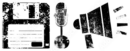 Vintage tech symbols floppy disk, microphone, megaphone, distressed black and white vector, digital, communication tools, retro tech, analog era, grunge aesthetic.