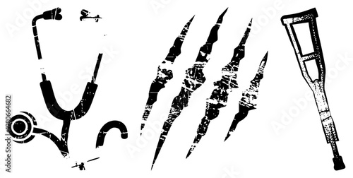 Stethoscope, claw marks, and crutch in distressed black and white vector style, representing healthcare, injury, or recovery themes with gritty texture.