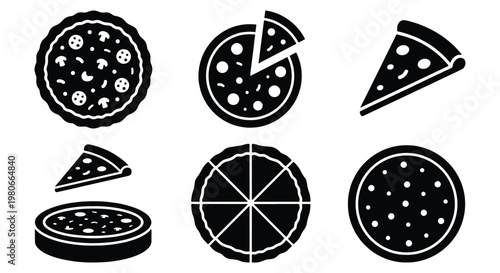 Minimalist pizza icon set, black silhouette pizza slices and whole pies, 6 vector elements for restaurant menus and food delivery apps