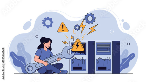 Technical server repair and maintenance concept showing a technician with a large wrench fixing electrical issues in a computer data center.