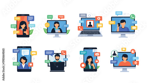 Comprehensive set of digital communication icons showing diverse people engaging in video calls and messaging via multiple devices.