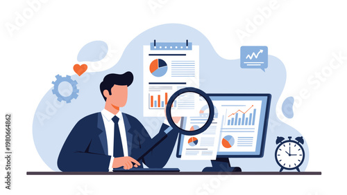 Financial data analyst investigating business reports and market trends with a magnifying glass at a desk with a computer and clock.