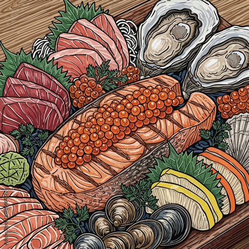Fresh Seafood Platter with Salmon Oysters and Shellfish for Gourmet Cuisine