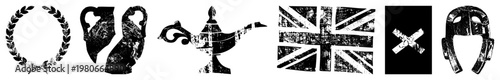 Distressed black and white laurel wreath, hourglass, genie lamp, British flag, X mark, warrior helm gritty vector symbols for retro branding or graphic design.