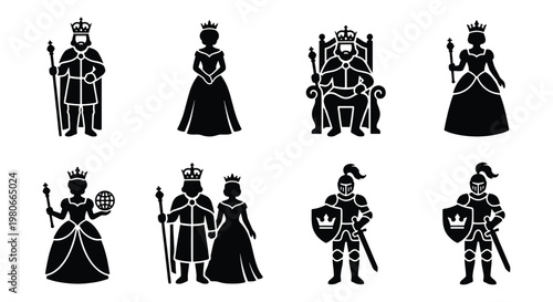 Medieval royal family icons, black silhouette king and queen vector set, 8 royal court characters including knights in armor and monarch on throne