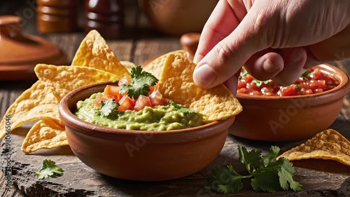 Mano sumergiendo un totopo de maíz en guacamole fresco con pico de gallo. Aperitivo mexicano auténtico para fiestas de Cinco de Mayo, menús de comida y snacks para eventos.
